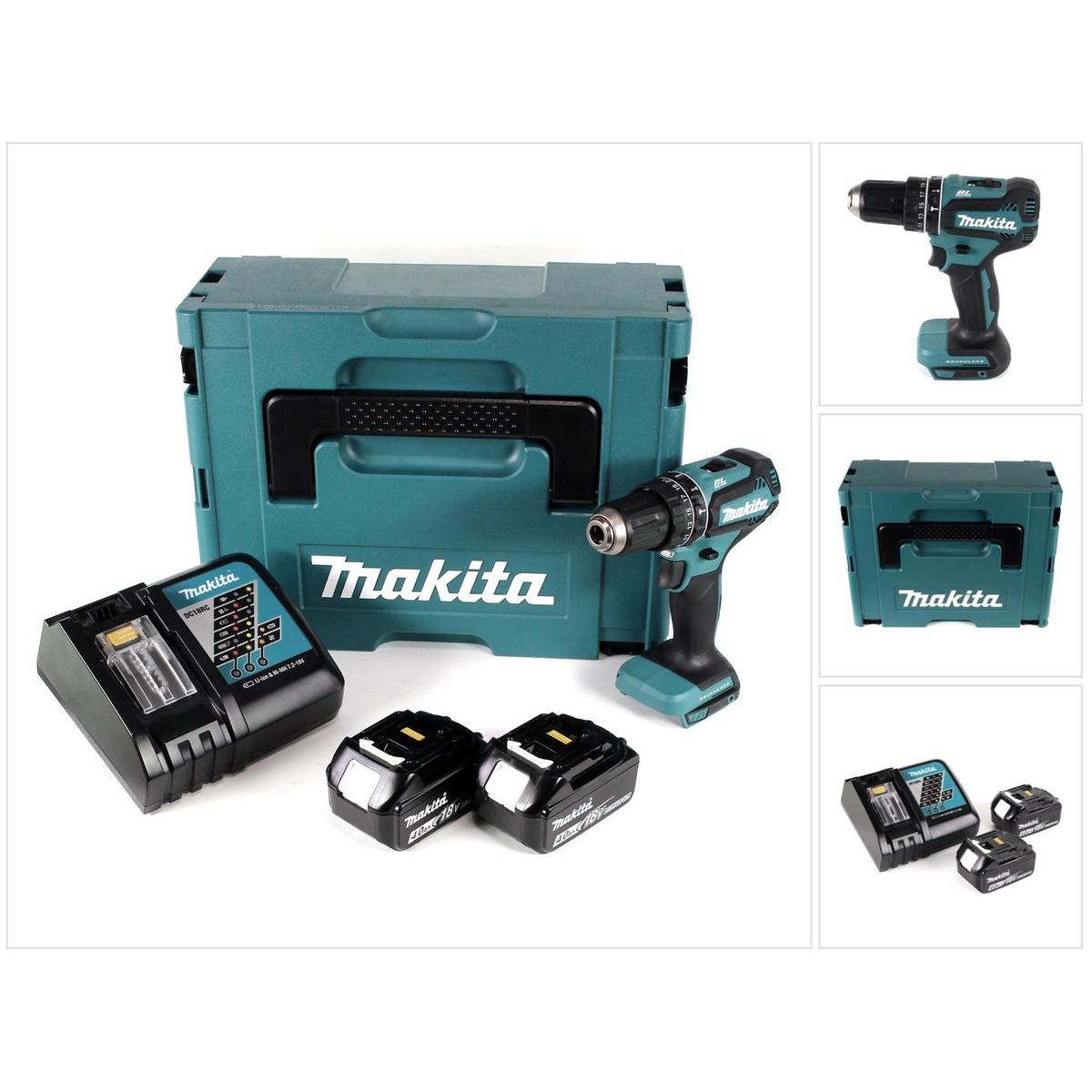 Makita, Bohrmaschine + Akkuschrauber, DHP 485 RMJ 18 V Li-Ion Akku Schlagbohrschrauber im Makpac + 2 x 4,0 Ah Akku + Lad...