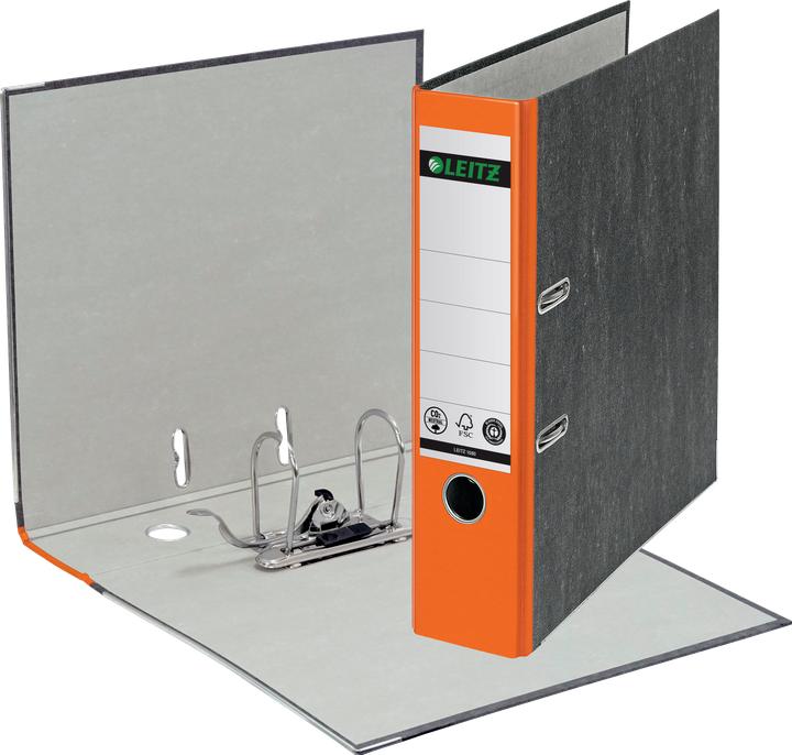 Produktbild Leitz Wolkenmarmor-Ordner, 180 Grad, DIN A4, 80 mm, orange farbiger Rücken, Einband aus Pappe, aussen (A4, 80 mm, 1 Stk.)