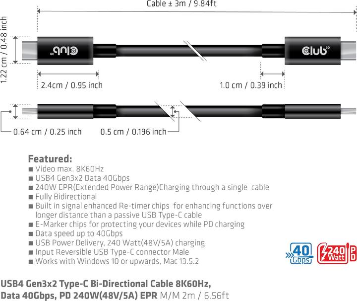 Produktbild Club 3D USB C — USB C (3 m, USB 4.0, 240 W)