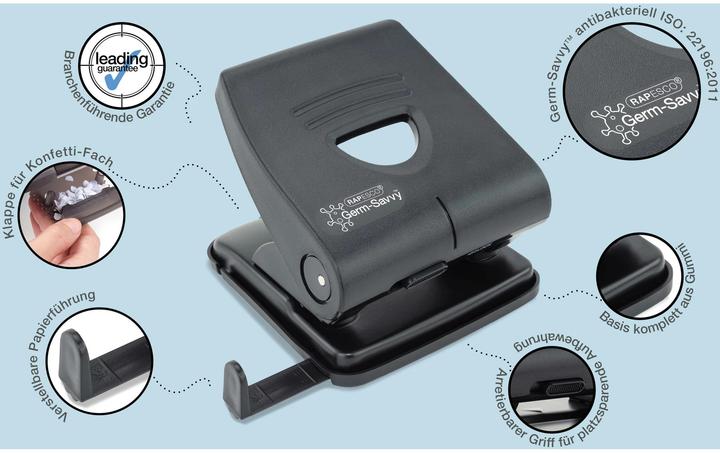 Produktbild Rapesco PF827PB2 Germ-Savvy Antibakteriell, 2-fach-Locher, 30 Blatt Stanzkapazität, Schwarz