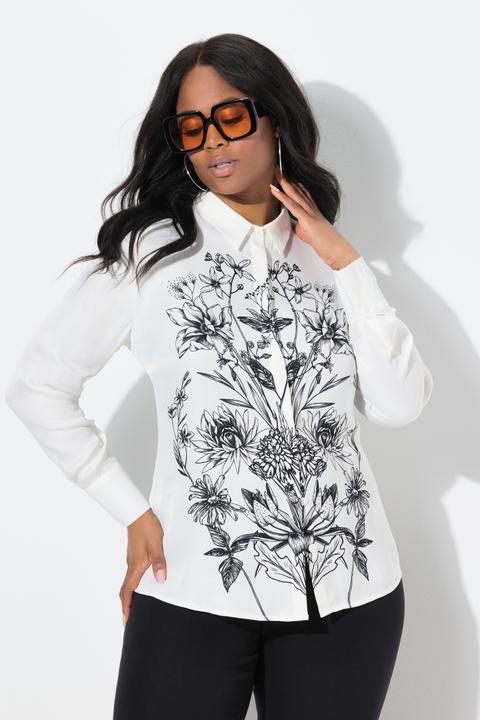 Actual product image Ulla Popken Botanical Print Long Sleeve Button Down Satin Blouse (58, 60)
