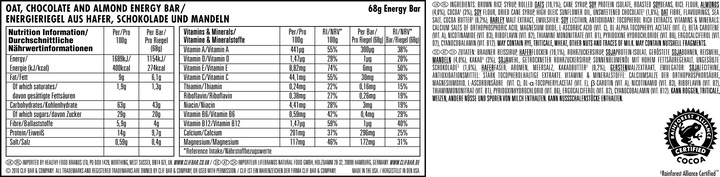 Valeurs nutritives et ingrédients Clif Bar Fudge au chocolat et à l'amande (Chocolate, 1 pcs, 68 g)