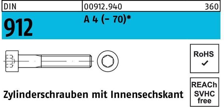 Produktbild Zylinderschraube DIN 912 m.Innensechskant M 6 x 80 A 4 (- 70) (100 Schrauben pro Stück)