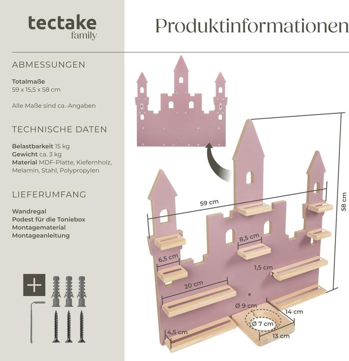Actual product image tectake Wall Shelf 'Princess Palace' - fits 22 Tonie figurines, magnetic strips, integrated cable management