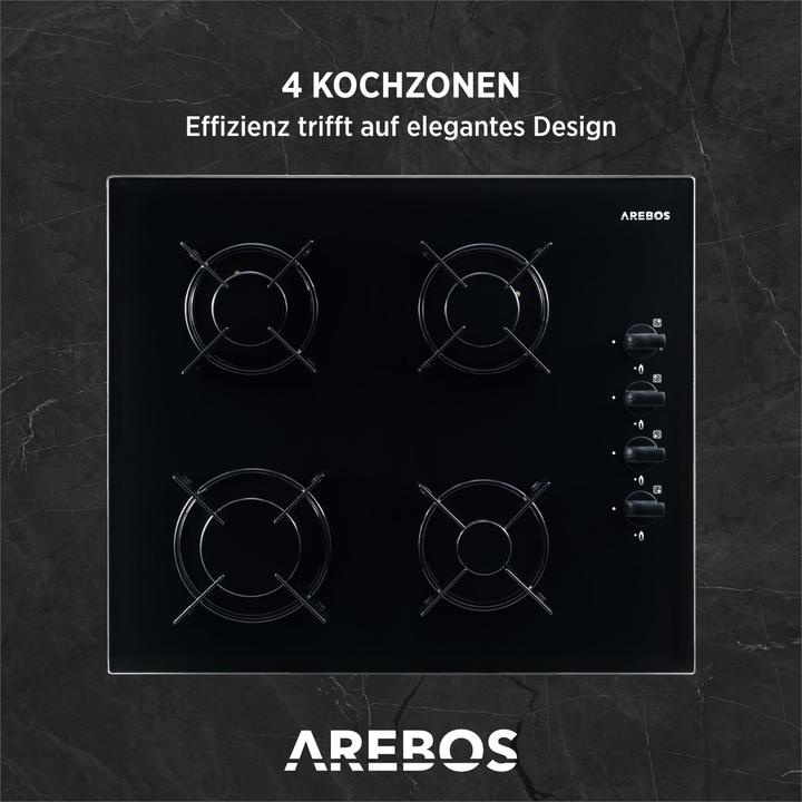 Immagine prodotto Arebos Gasherd Glas 63cm (4 Brenner) (60 cm, Piano cottura in vetroceramica)