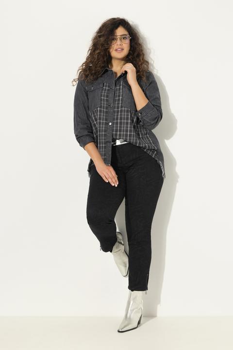 Immagine prodotto Ulla Popken Camicia di jeans con inserto in flanella, collo da camicia, frange e maniche lunghe (50, 52)