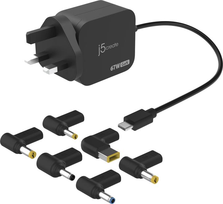 Actual product image j5Create JUP1565DC 67W GaN PD USB-C® Mini Charger with 6 Types of DC Connector-UK, Black, Indoor, AC (67 W)