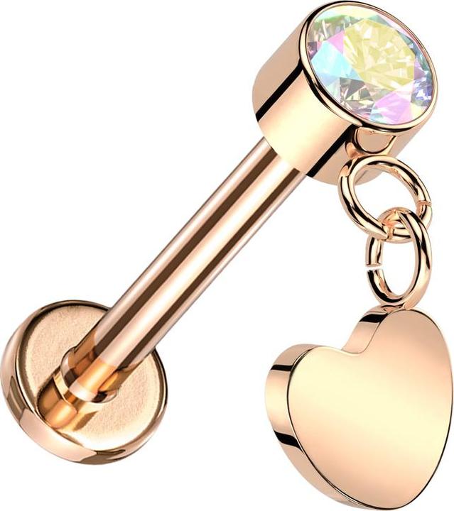 Image du produit Star Piercing Micro Threadless Labret or rose Cylindre or rose Cristal multicolore Pendentif coeur or rose (sans laiton, Titane)