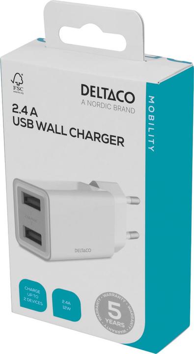 Actual product image Deltaco USB wall charger, 2x USB-A, 2.4 A, total 12 W, white USB-AC174 (12 W, 2 ports)