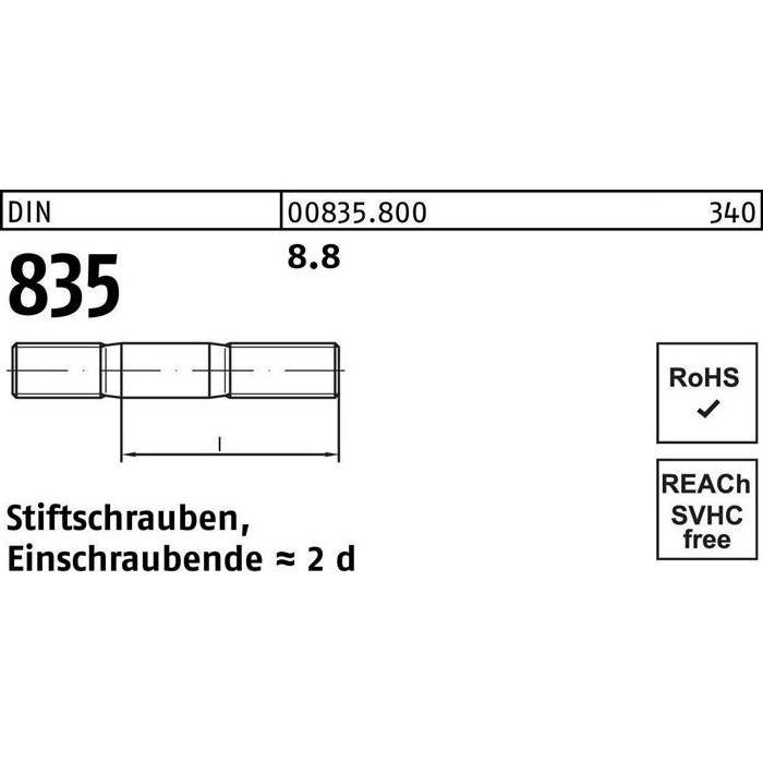 Schrauben, Stiftschraube DIN 835 M 8 x 25 8.8 Einschraubende=2d (100 Schrauben pro Stück)