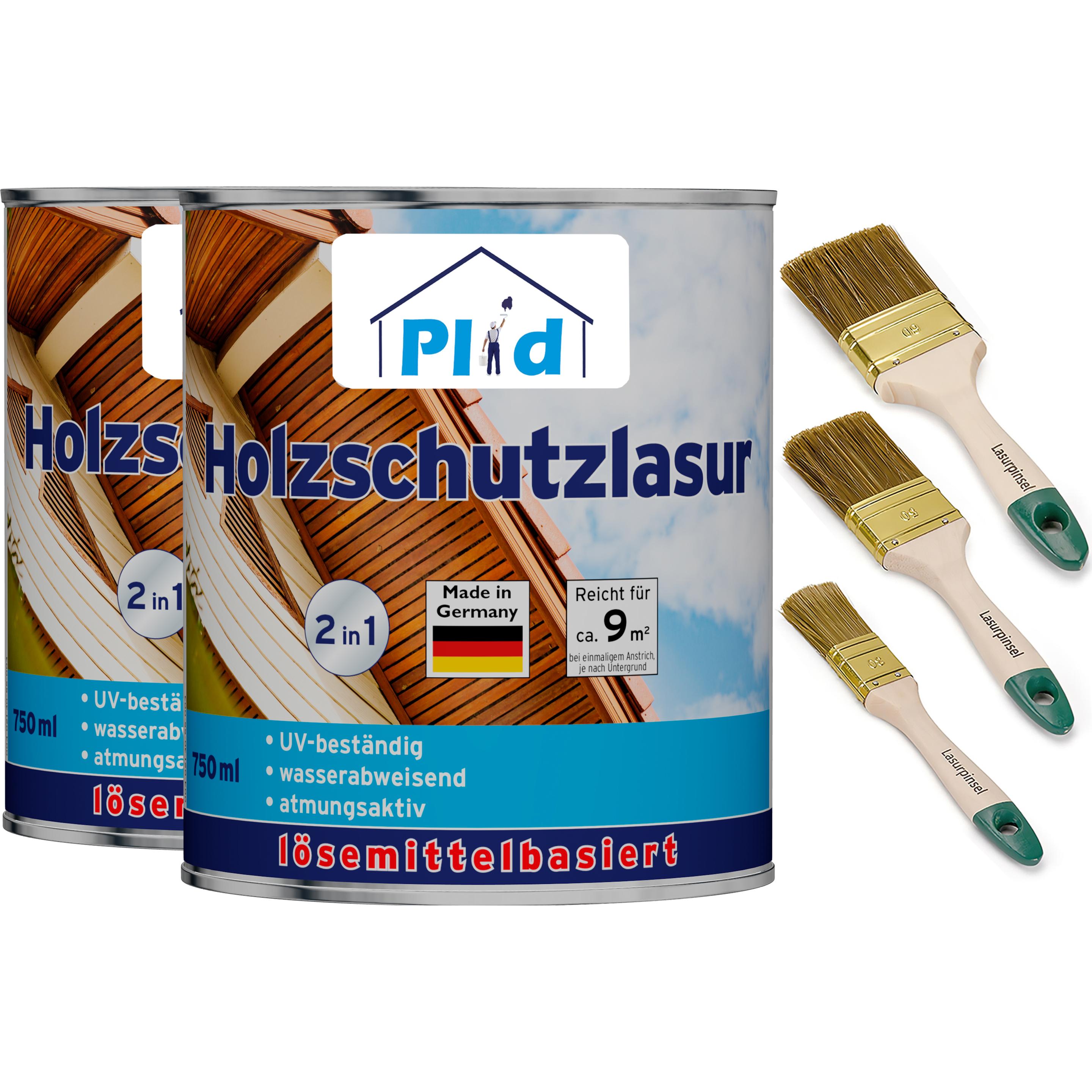 Plid, Holzschutz + Holzpflege, Holzlasur 1,5l für ca. 16m² + Lasurpinselset 3-tlg. /Holzschutzlasur Lasur (Teak, 1.50 l)