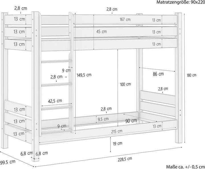 Nährwerte und Zutaten Erst-Holz Hochbett in Überlänge 90x220 massives Kiefernholz natur ohne Rollrost Etagenbett 60.16-09-220 oR (90 x 220 cm)