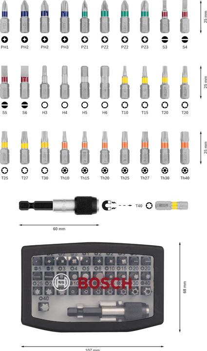Produktbild Bosch Professional Zubehör Bits-Satz mit Klingenhalter (Kreuz Phillips PH M1, Kreuz Phillips PH M2, Kreuz Pozidriv PZ M1, Kreuz Pozidriv PZ M2, Kreuz Phillips PH M3, Kreuz Pozidriv PZ M3, Innensechsrund TX mit Loch M10, Innensechsrund TX mit Loch M20, Innensechsrund TX Mit Loch M25, Innensechsrund TX mit Loch M27, Innensechsrund TX mit Loch M30)