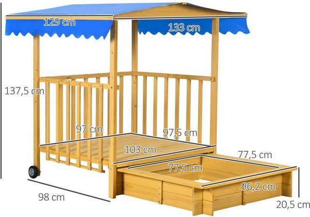 Immagine prodotto Swisshandel24 Sabbiera con tetto, sabbiera in legno con casetta da gioco, 133 x 129 x 137,5 cm Sabbiera con ruote