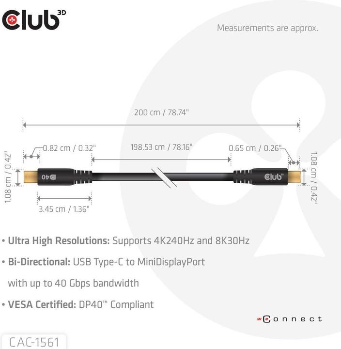 Produktbild Club 3D Club3D Kabel USB Typ C <> MiniDisplayPort DP40 2m St/St retail (2 m)