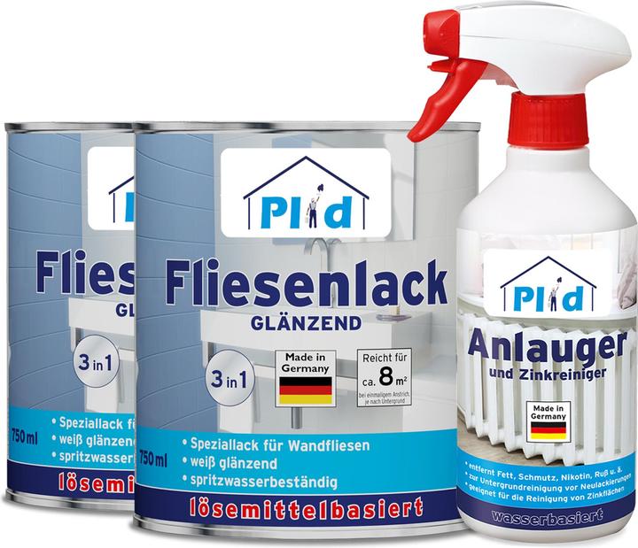 Produktbild Plid Fliesenlack Set 1,5l glänzend für ca. 16m² / Lackierset +0,5l Anlauger (Lichtgrau, 1.50 l)