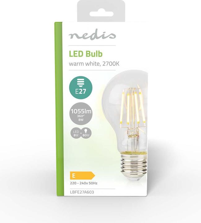 Image du produit Nedis LBFE27A603 Lampe à incandescence LED E27 A60 8 W 105 lm 2700 K Blanc chaud Nombre de lampes dans (E27, 1055 lm, 1x)
