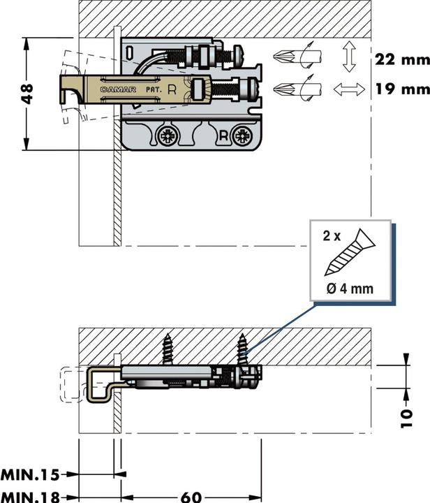 Produktbild Camar 701 Schrankaufhänger links, Aufhängung Schrankinnenseite 93kg Stahl (1 Stk.)