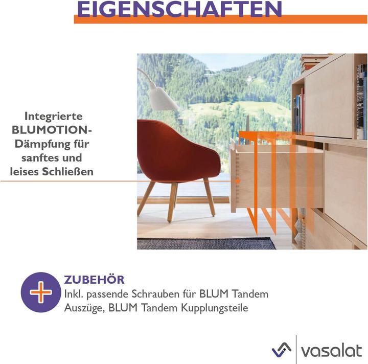Produktbild Vasalat Blum Tandem Vollauszug Set Schubladenauszug 350mm Blumotion + Kupplung bis 30kg