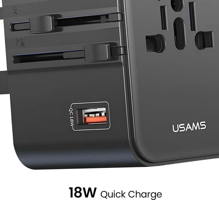 Actual product image Usams Travel Charger Adapter CC309 2xUSB-C 25W 4in1 US/AU/EU/UK black (25 W, 2 ports)