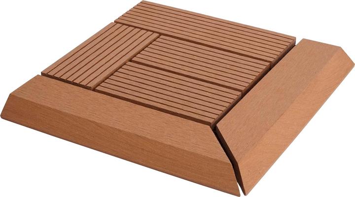 Swisshandel24 WPC Eck-Bodenfliese Rhone + Abschluss, Holzoptik Terrasse, 30x30cm Premium Ecke, teak versetzt (1x, 30 x 30 cm)