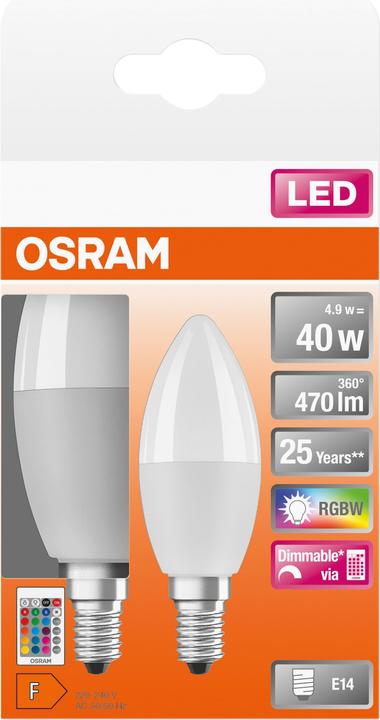 Immagine prodotto Osram LED STAR+ CLB RGBWFR 40 DIM via rem. con 5,5W/827 E14 470LM 2er BOX (E14, 470 lm, 2 x)