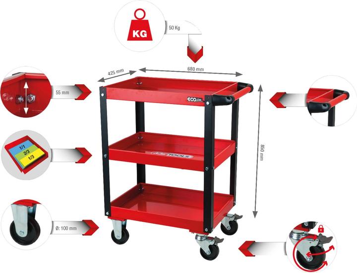Immagine prodotto KS Tools Carrello di servizio per officina ECOline, HxLxP 850x680x425 mm, carico massimo 150 kg (1 x)