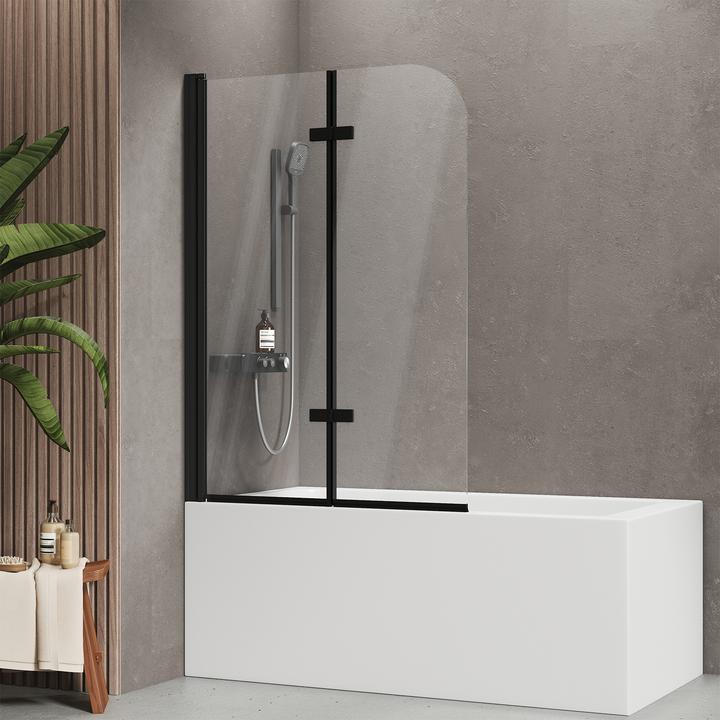 Produktbild Emke Duschwand für Badewanne 100x140cm Glas-Duschwand, 2-teilig Faltbar, Leicht zu Reinigen, Schwarz (100 cm, 100 cm, 140 cm)