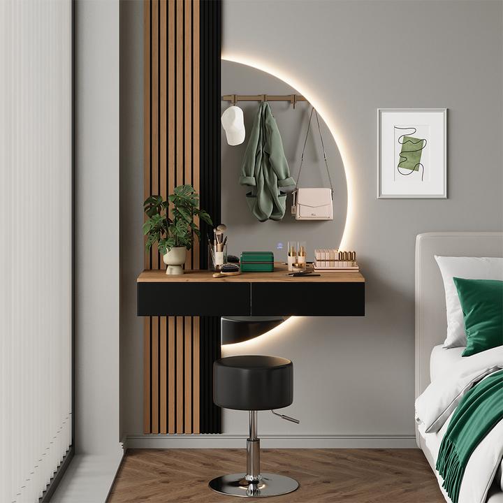 Actual product image Vicco Vanity table Melina, Oak/black, 100 cm with LED mirror and stool