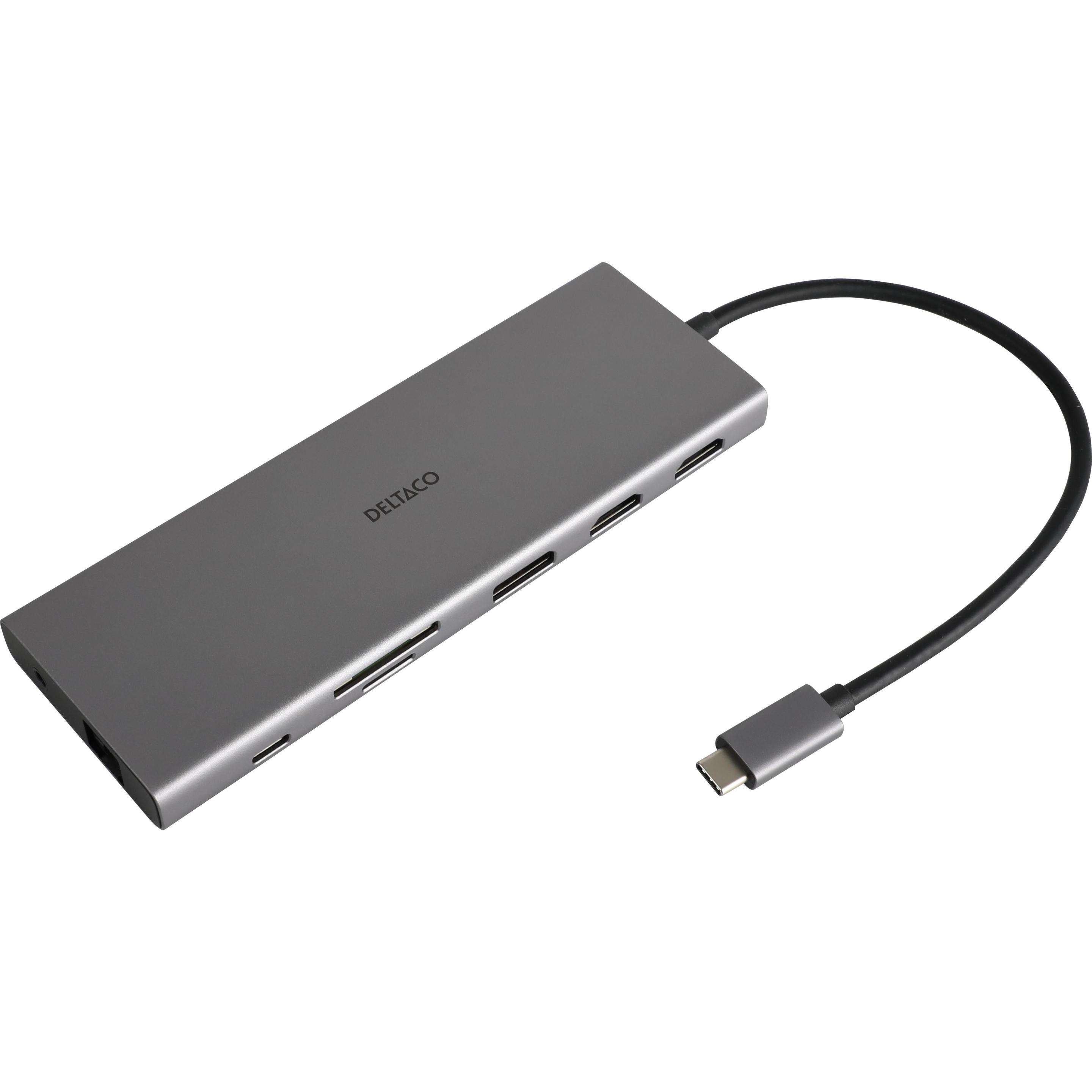Deltaco Docking station USB-C 12in1 4K UHD/60Hz 85W argento (USB-C, 12 porte), Docking station + Hub USB, Argento
