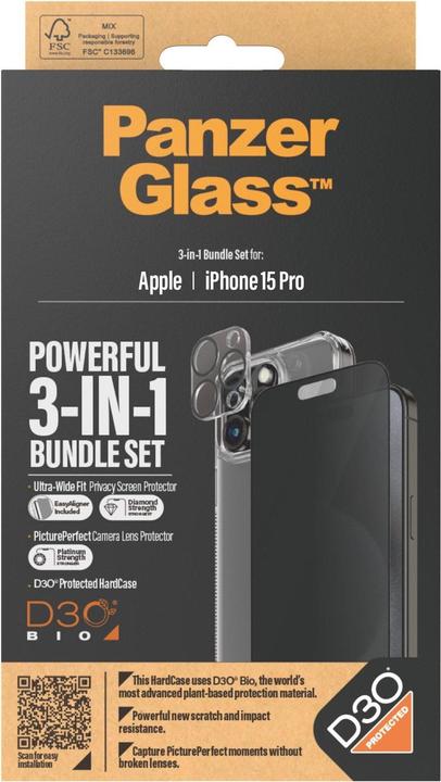 Productafbeelding PanzerGlass Privacy 3-in-1 pakket iPhone 2023 6.1 Pro (1 Pcs., Apple iPhone 15 Pro)