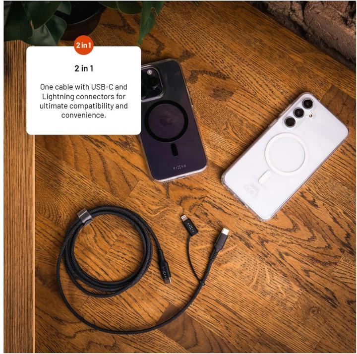 Actual product image Fixed Braided Cable USB-C/USB-C, Lightning Adapter, 3m, MFi, PD 60W, gray (3 m, USB 2.0, 60 W)