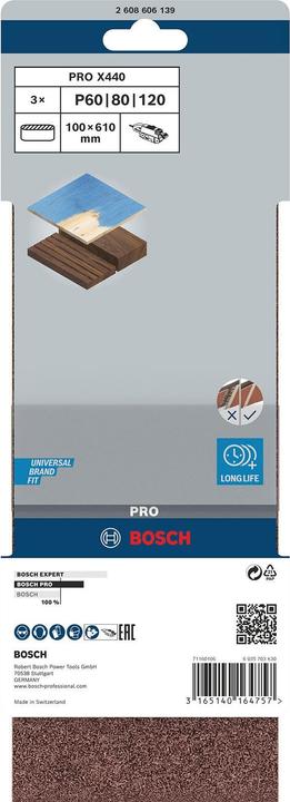 Actual product image Bosch Professional Zubehör PRO X440 sanding belt, 100 x 610 mm, G60, G80, G100, 3 pcs. (60, 80, 100)