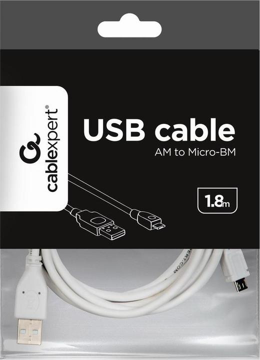 Produktbild Gembird CABLE USB2 A PLUG/MICRO B 1.8M/WHITE CCP-MUSB2-AMBM-6 (1.80 m, USB 2.0)