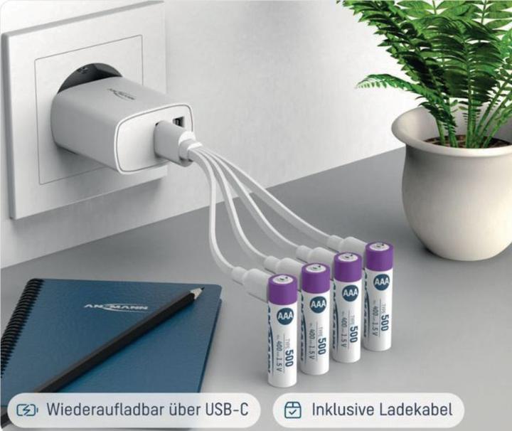 Immagine prodotto Ansmann LR03 USB-C Micro (AAA) batteria ricaricabile Li-Ion 500 mAh 1,5 V 4 pz. (4 pz., AAA / LR03 / Micro / R03 / AM4 / MN2400 / KR03, 400 mAh)