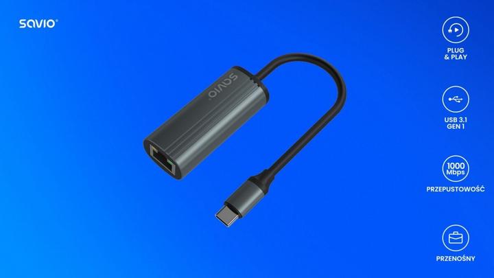 Actual product image Savio Adapter USB-C 3.1 Gen.1 M to RJ-45 Gigabit Ethernet F 1000 Mbps AK-56 grey (USB-C)
