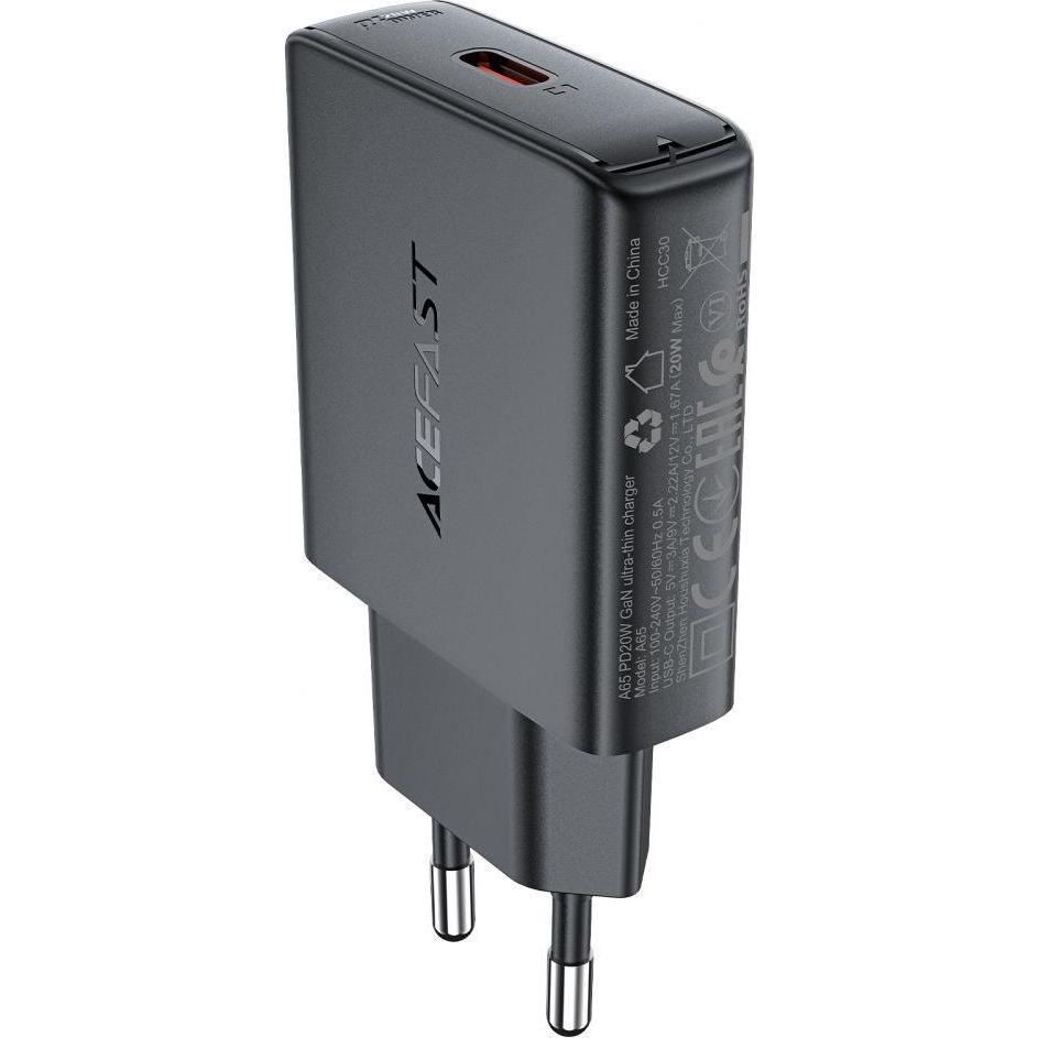 Acefast A65 PD 20W GaN USB-C Wandladegerät – Schwarz (20 W), USB Ladegerät, Schwarz