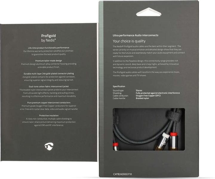 Actual product image Nedis Stereo audio cable | 2x RCA plug | 2x RCA plug | Gold-plated | 1.00 m | round | Grey / Gun M (1 m, Cinch)