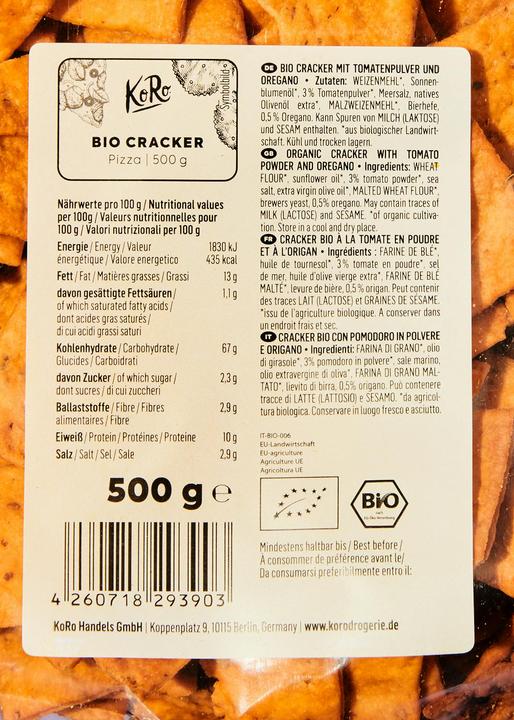 Nährwerte und Zutaten KoRo Bio Cracker mit Tomatenpulver und Oregano