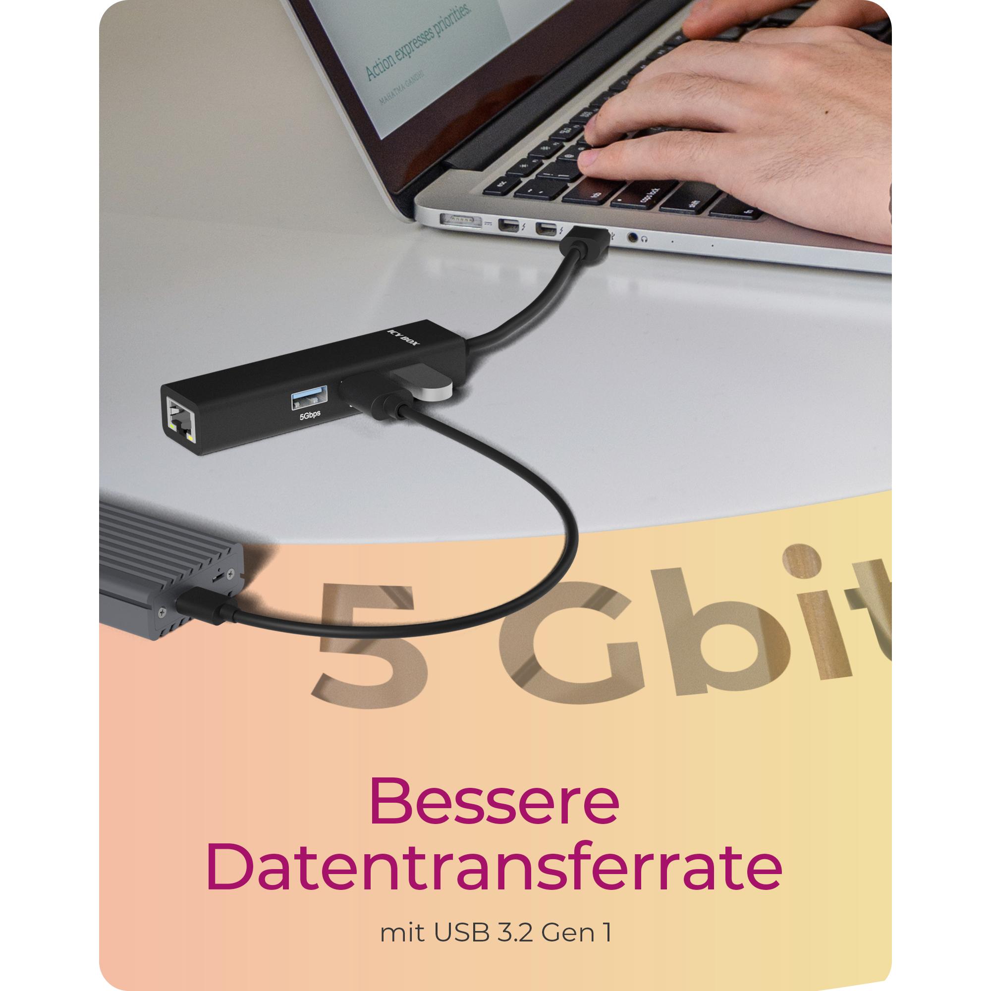 Thumbnail - Icy Box IB-HUB1439-LAN (USB-A, USB-C, 4 Ports), Dockingstation + USB Hub, Schwarz