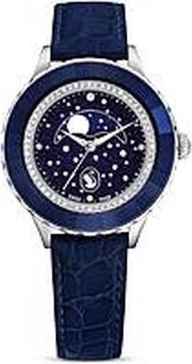 Swarovski Octea Moon Watch Swiss Made Moon Leather strap Blue Blue finish Blue band ring (Analogue wristwatch, Swiss made, 37 mm)