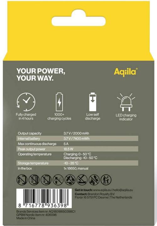 Produktbild Aqiila - USB-C Wiederaufladbare Batterie - 18650 - 2000 mAh - 1er-Pack (1 Stk., 18650, 2000 mAh)