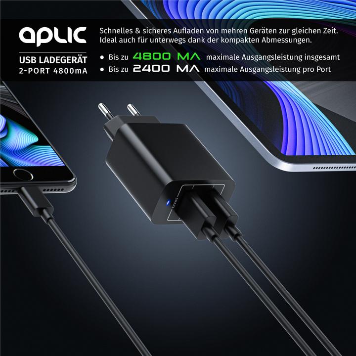 Produktbild Aplic USB Ladegerät 4800 mA, 2 Port Netzteil für Handy/Smartphone/Tablet, 4800mA - 2400mA je Port, schwarz (28 W)