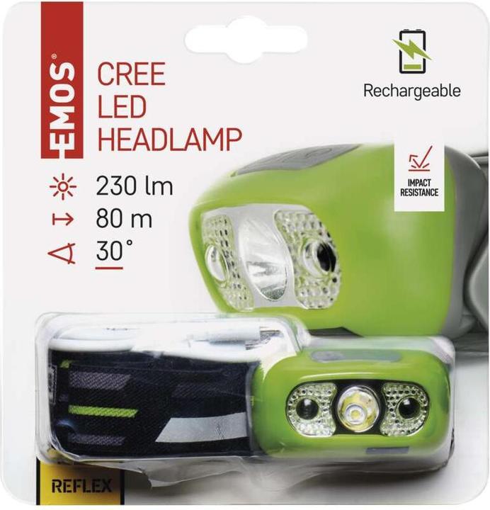 Actual product image Emos CREE LED Rechargeable Headlamp, 230 lm, 80 m, Li-Pol 1200 mAh (230 lm)