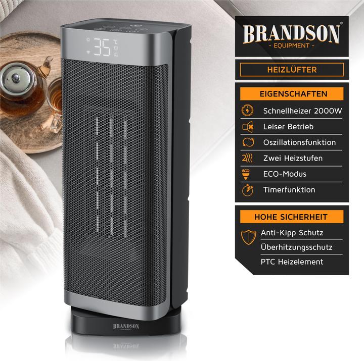 Actual product image Brandson Keramik Heizlüfter 2000W, 70° Oszillation, Kippschutz, Temperatureinstellung 10-35°C, schwarz/silber (2000 W)