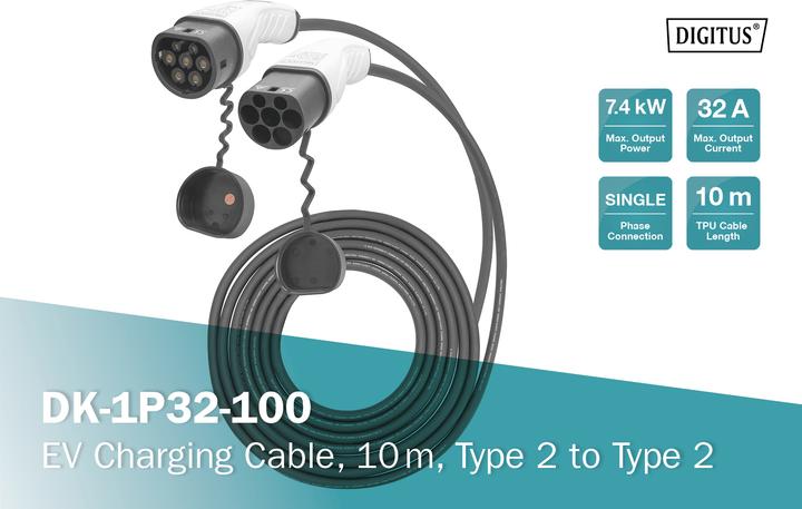 Produktbild Digitus Einphasig 32A - Ladekabel Typ 2 auf Typ 2 (Typ 2, 7.40 kW, 32 A, 10 m)