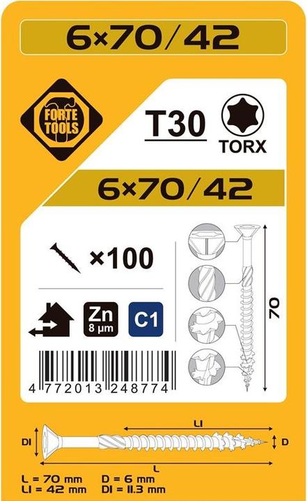 Actual product image Forte tools CHIPBOARD SCR T30 6.0X70/42 WHITE ZN(100 (100 Screws per piece)