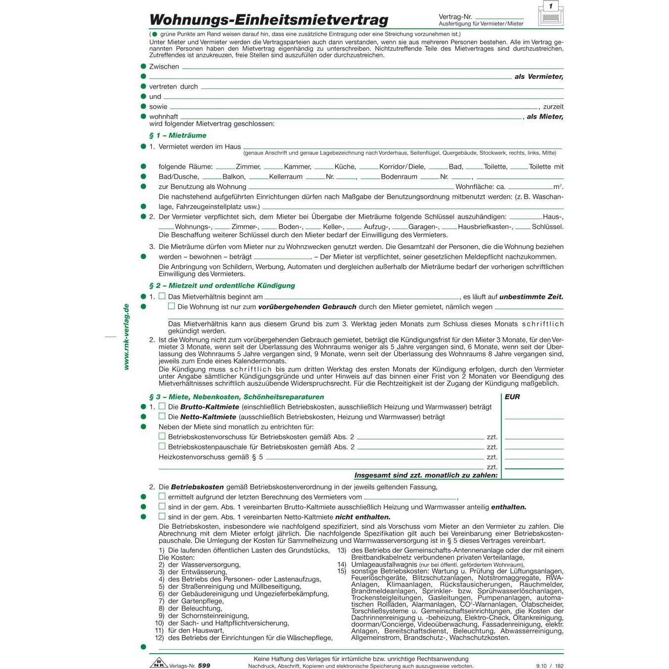 Rnk, Formular, 10 RNK-Verlag 599/10 Mietverträge für Wohnungen (4 x)