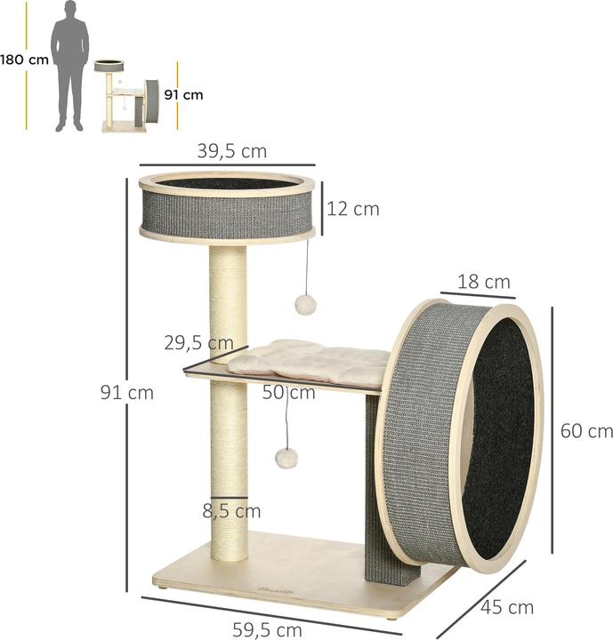 Image du produit PawHut Arbre à chat avec roue d'exercice (91 cm, Multicolore)