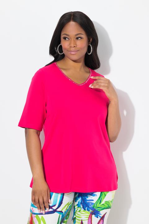 Immagine prodotto Ulla Popken T-shirt dal taglio svasato in cotone Pima con scollo a V e mezze maniche (46, 48)